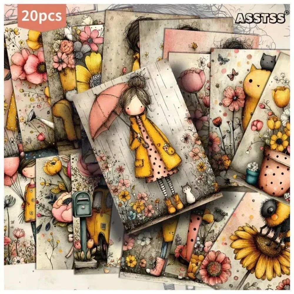 NWT 20pc Whimsical Girl Watercolor Postcard Art Collage Kit 4x6